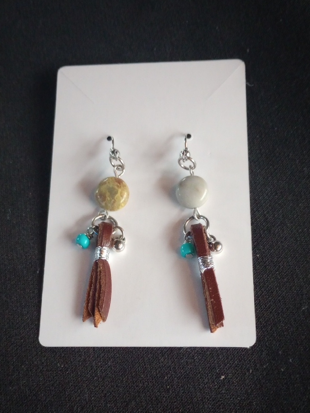Hand Crafted Brown Tassel Earrings with Turquoise and Cream Accents